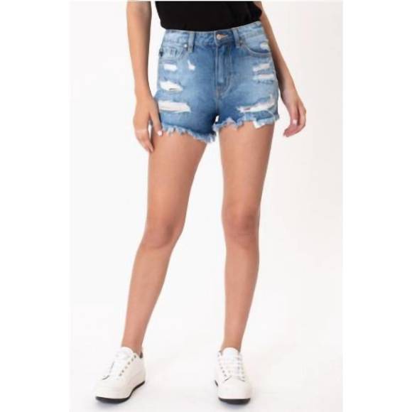 NEW KANCAN pastel thread distressed denim shorts in medium wash - Picture 1 of 7
